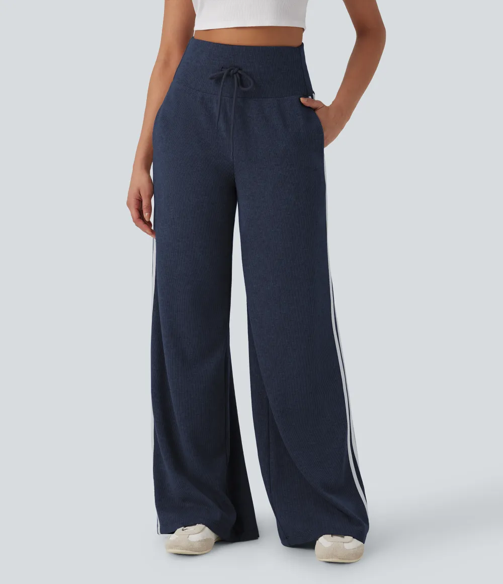 2026🔥  Ribbed SoCinched High Waisted Tummy Control Drawstring Wide Leg Color Block Casual Trousers with Pockets