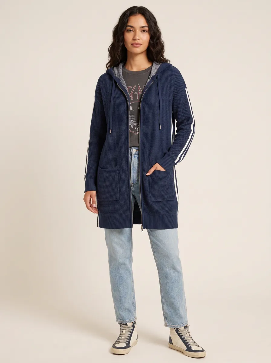 Women's Casual Waffle Knit Side Stripe Hooded Cardigan
