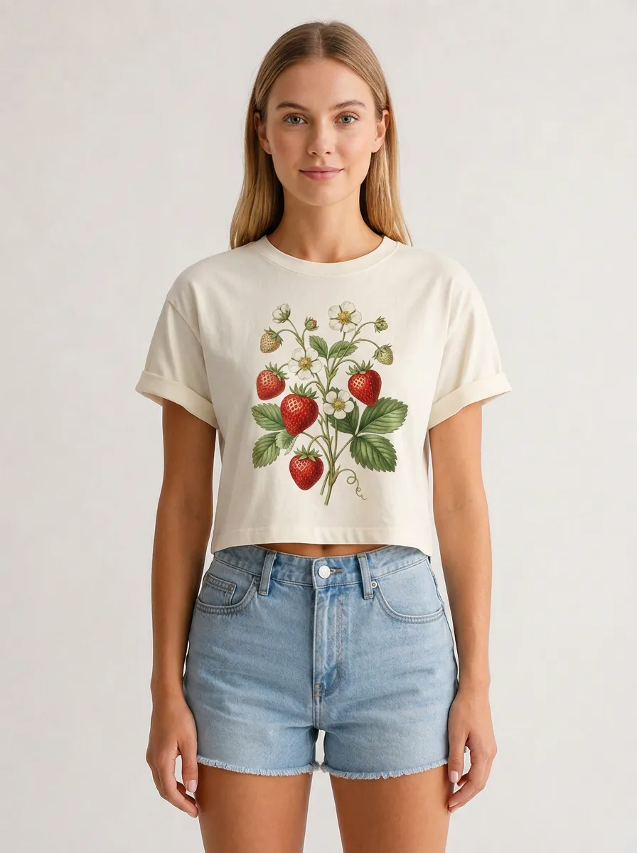 Women's Botanical Strawberry Plant Printed Crop T-shirt