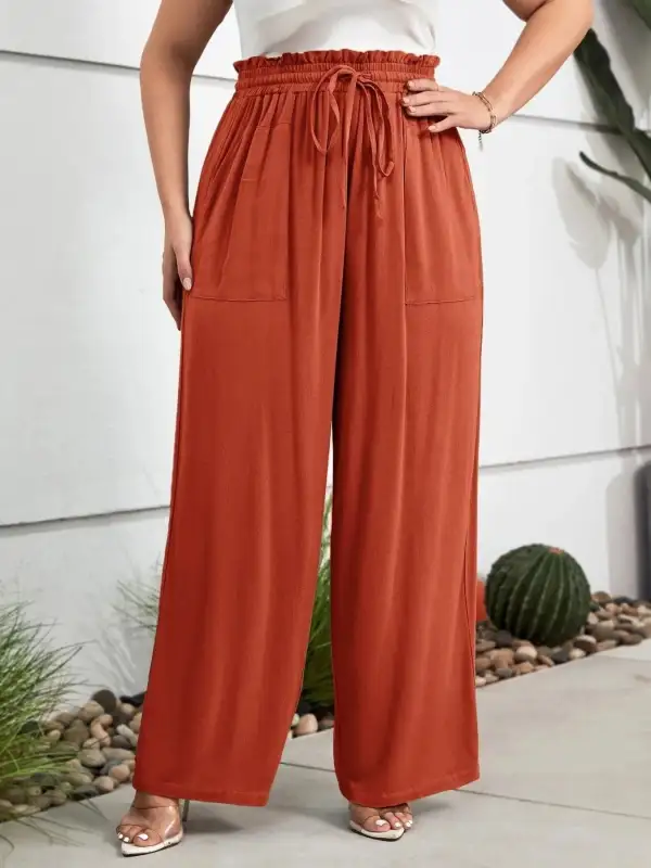 Wide Leg High Waist Drawstring Paperbag Waist Pants