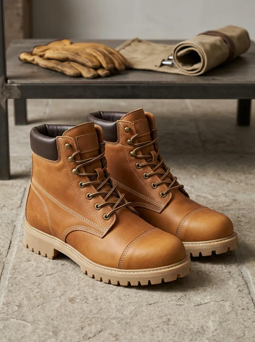 Unisex Outdoor Adventure Tan Leather Lace-up Work Boots