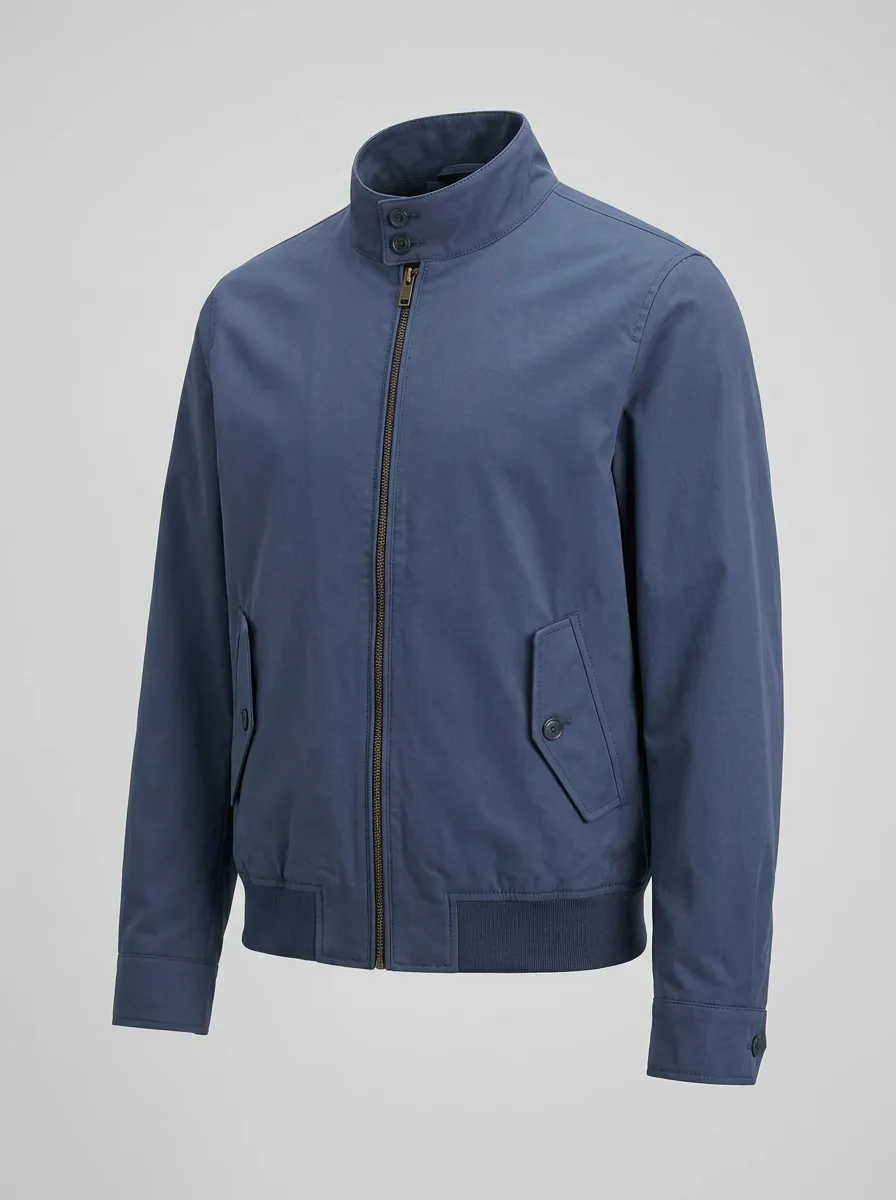 Men's Casual Solid Blue Stand Collar Harrington Jacket