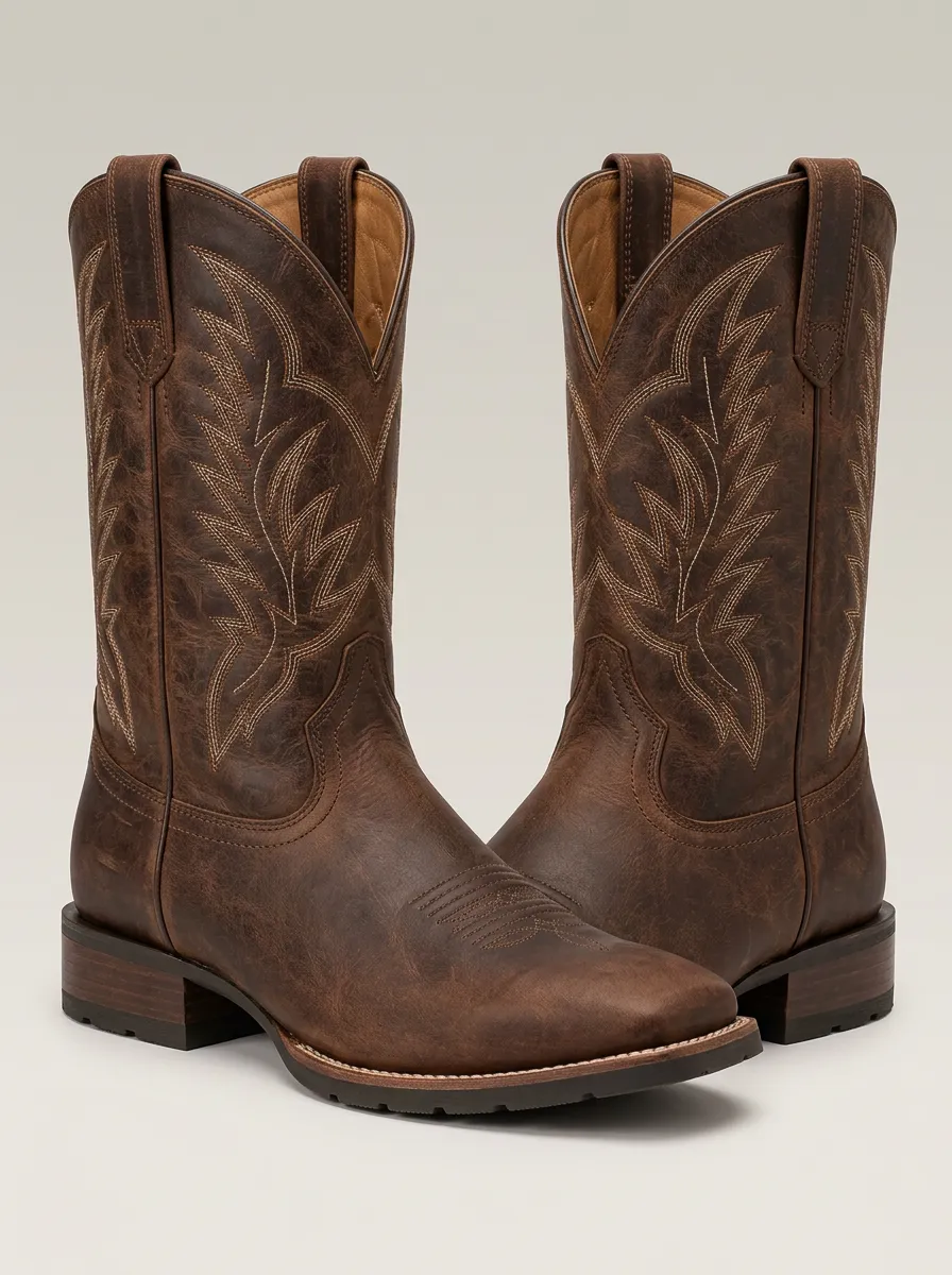 Men's Red Cowboy Boots with Leather and Embroidered Detail