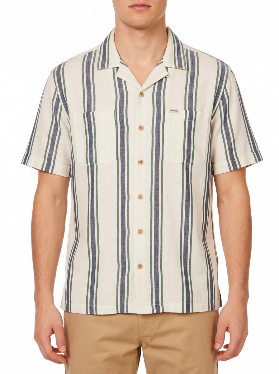Men's Casual Summer Blue Green Striped Printed Button-up Shirt