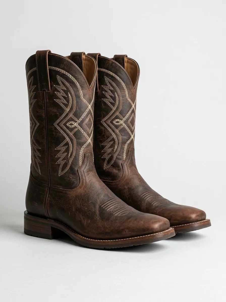 Country Embroidered Distressed Leather-Look Pattern Men's Western Cowboy Boots