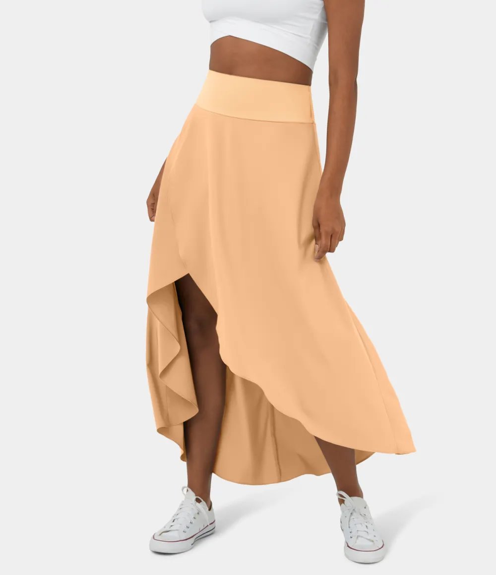 Breezeful High Waisted High Low Ruffle 2-in-1 Flowy Quick Dry Casual Regular Maxi Skirt