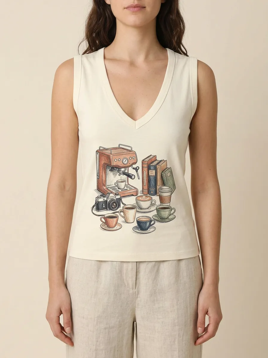 Women's Coffee Lover Bookworm Camera Printed V-neck Tank Top