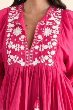 Below-Knee Cotton Pocket Embroidered V-Neck Half-Sleeve A-Line Dress