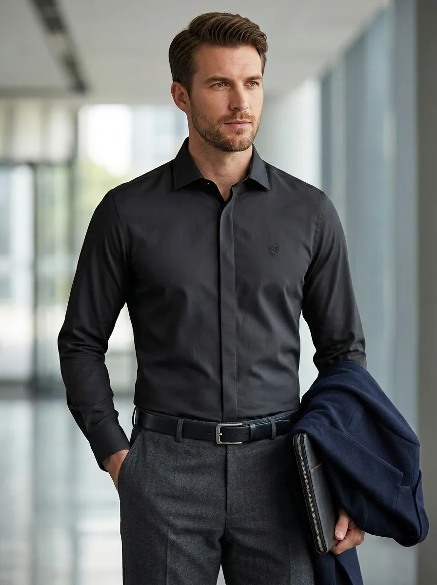 Men's Business Casual Non-Iron Cotton Light Blue Dress Shirt