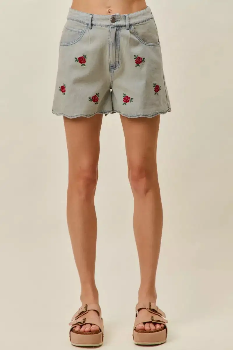 So Me Embroidery High Rise Scallop Hem Denim Shorts