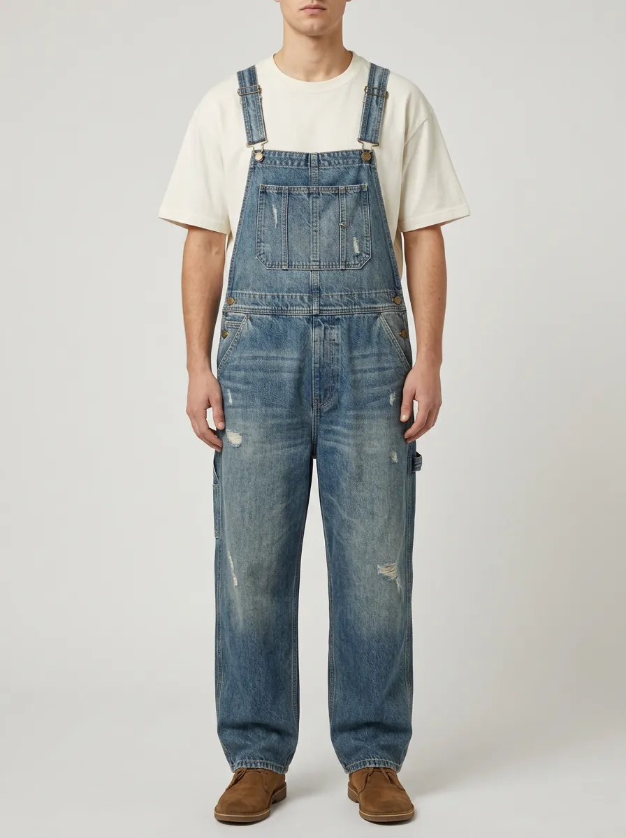 Men's Dungaree Distressed Denim Bib Overalls