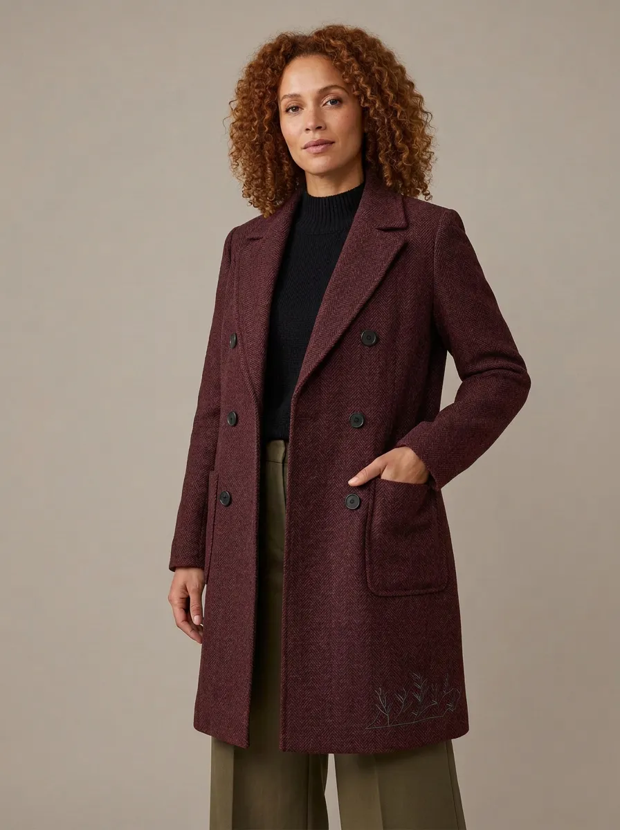 Women's Botanical Embroidered Herringbone Wool Coat