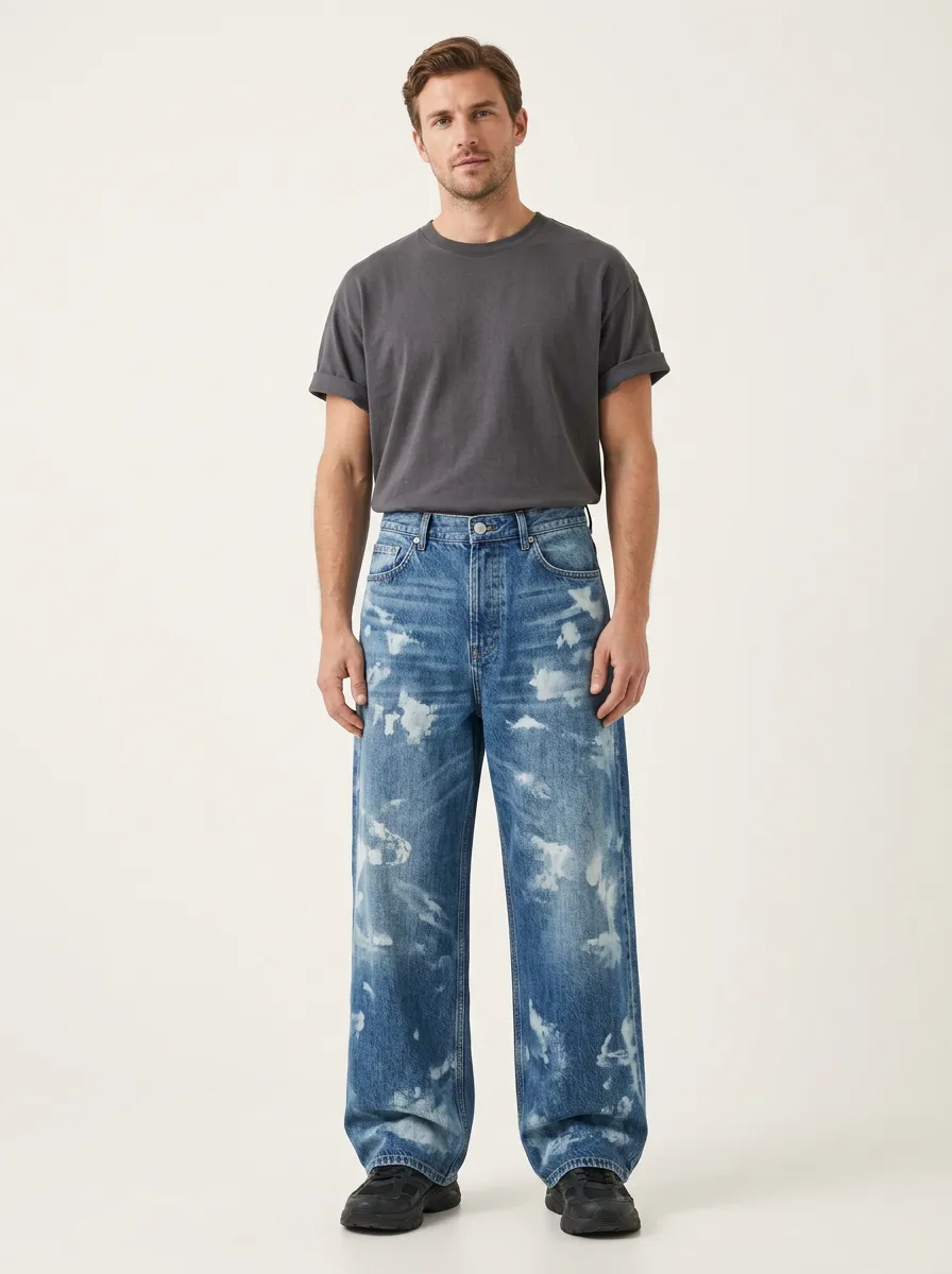 Men's Casual Fashion Bleached Cloud Pattern Printed Wide Leg Jeans