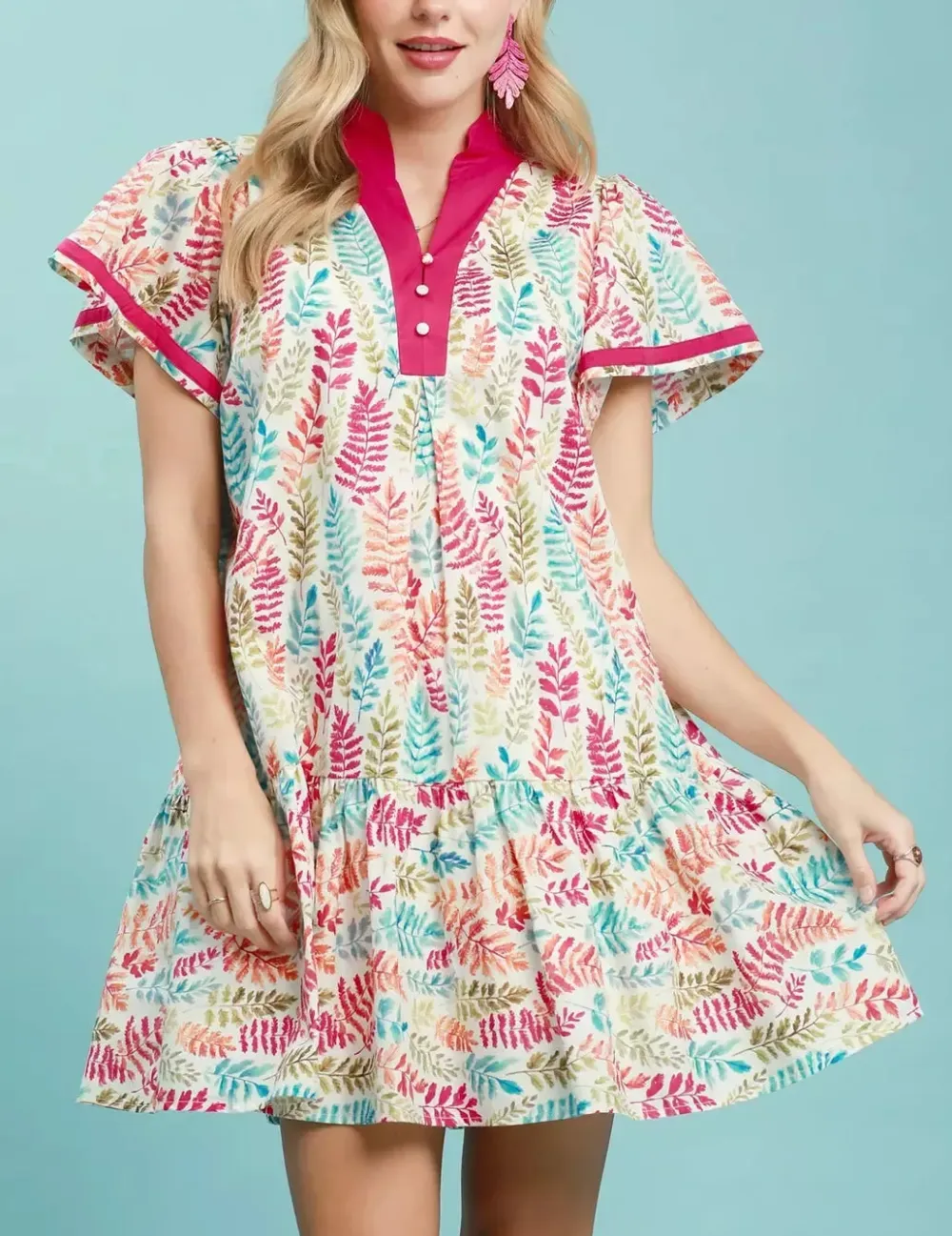 Everyday Leaf Print Flutter Sleeve Tiered Mini Dress