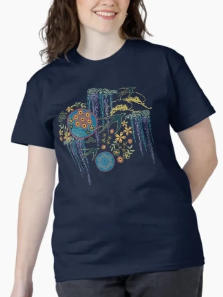 Women's Artistic Floral & Vine Oriental Print Short-Sleeve Crew Neck T-Shirt