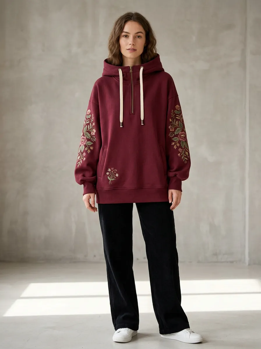 Graphic Detail Women's Floral Embroidered Graphic Quarter Zip Hoodie