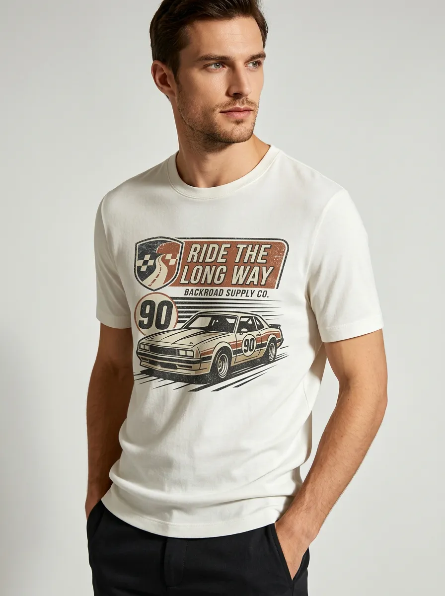 Men's Vintage Car Racing 90 Ride The Long Way Printed T-shirt