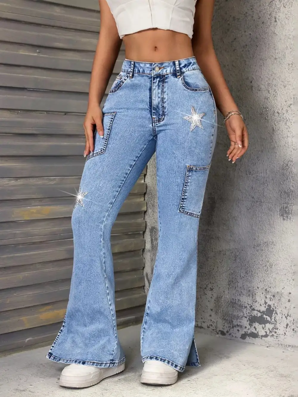 Women' High Waisted Casual Denim Slit Star Flare Leg Jeans