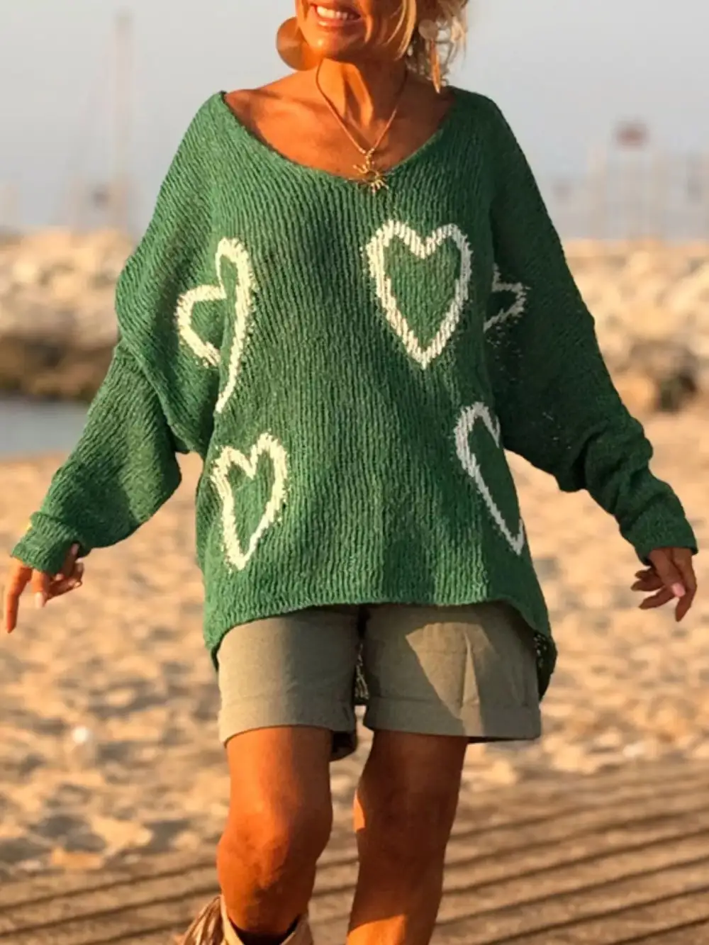 Heart V-Neck Dropped Shoulder Sweater