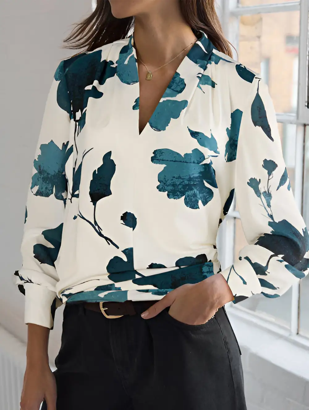 Ink Floral Print Artistic Long Sleeve Shirt