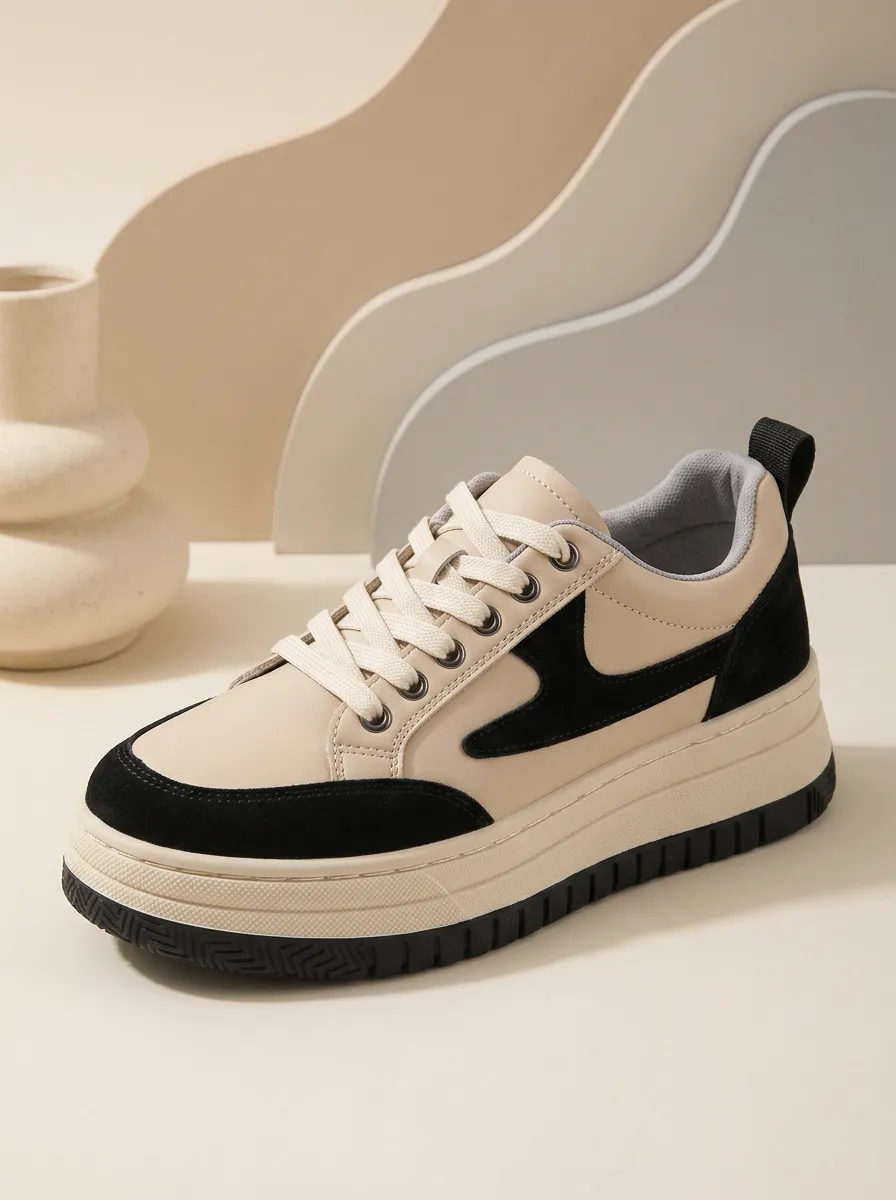 Lace-Detail Color-Block Lace-Up Low-Top Women's Chunky Platform Shoes