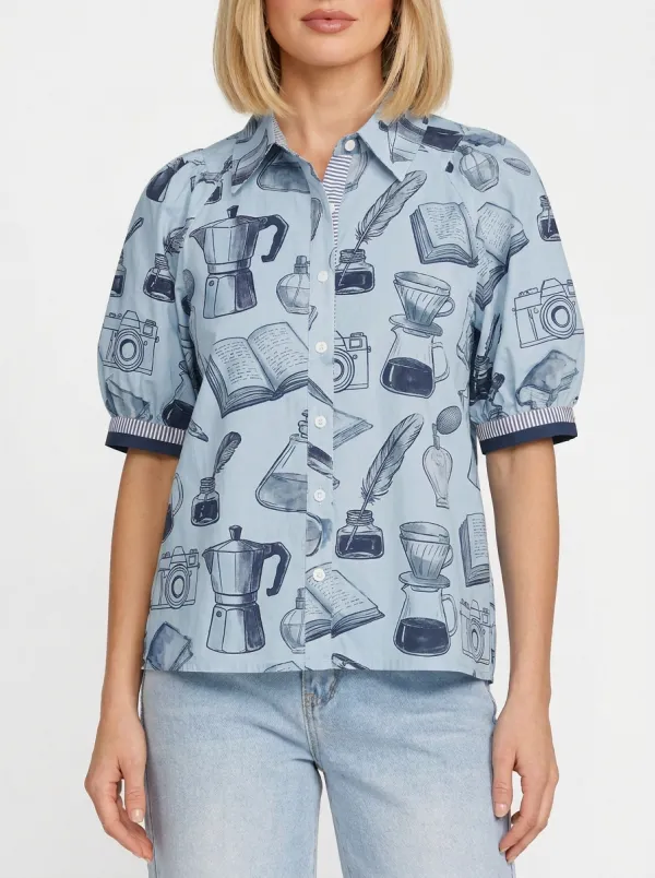 Women's Coffee Book Camera Lover Stationery Printed Shirt