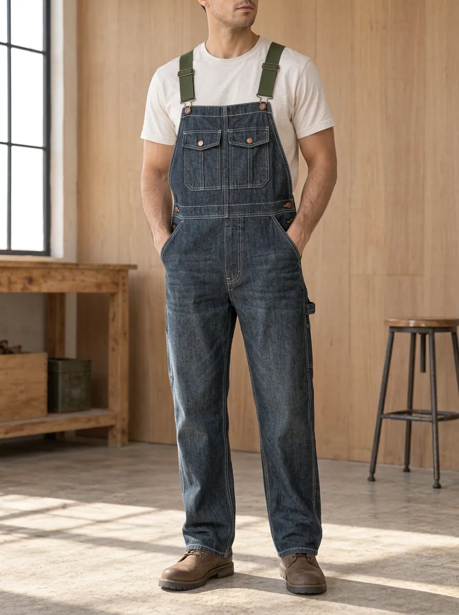 Men's Denim Bib Overalls with Button-Flap Pocket