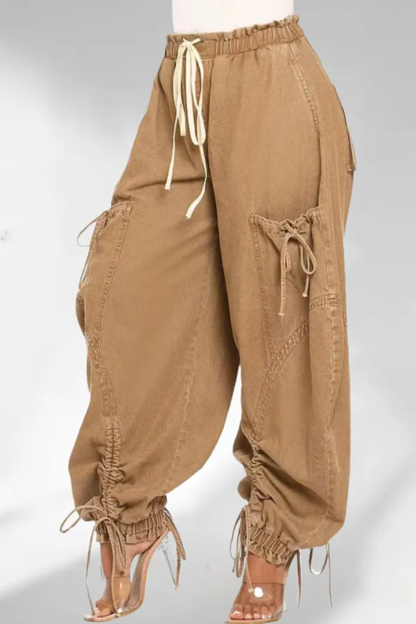 Washed Pocket Drawstring Ankle Banded Jeans