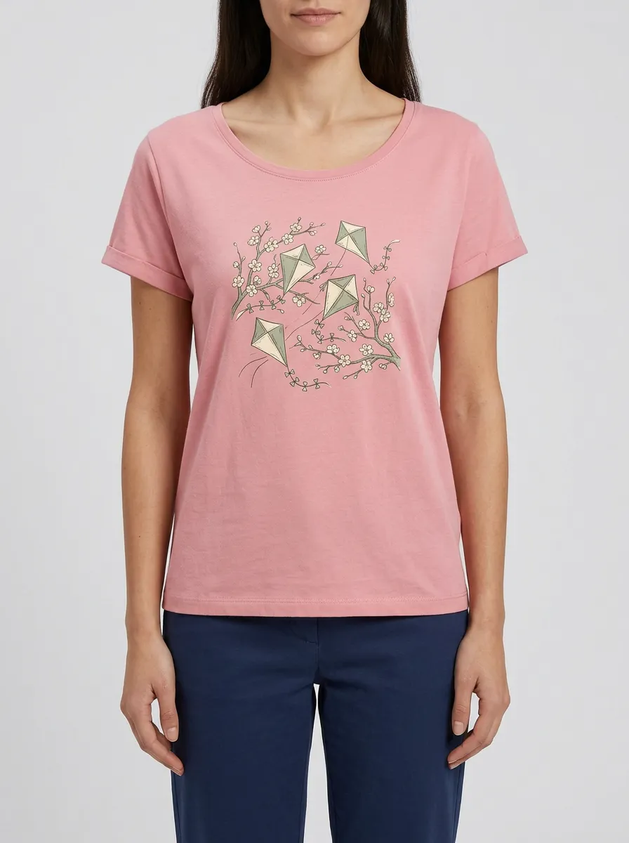 Women's Crewneck Graphic-Print Floral Ribbed T-Shirt