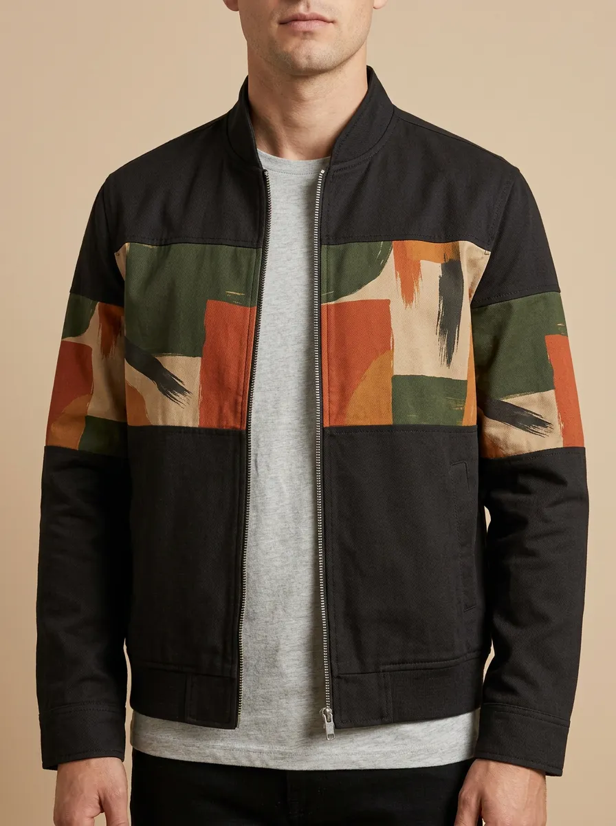Men's Abstract Geometric Brushstroke Printed Bomber Jacket