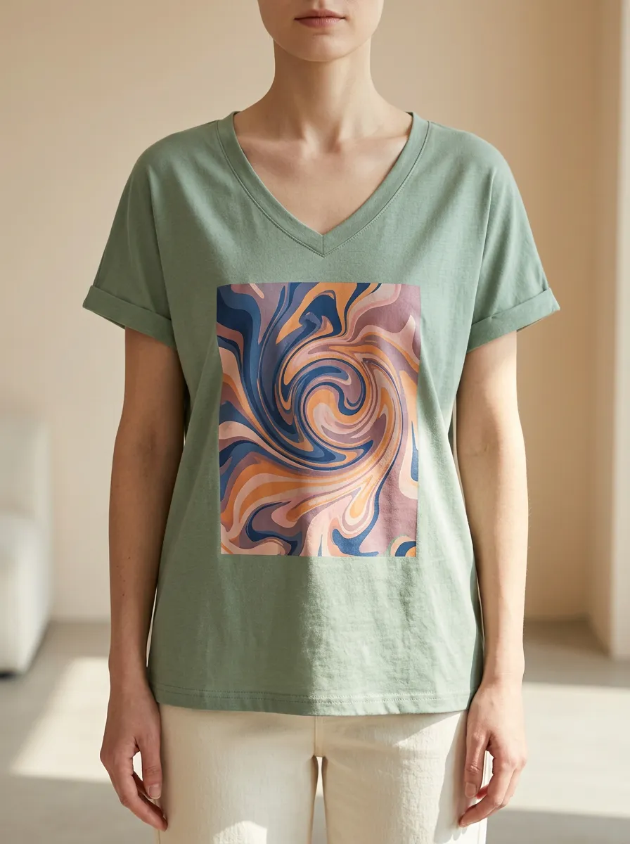 Women's Retro Abstract Swirl Pattern Printed V-Neck T-Shirt