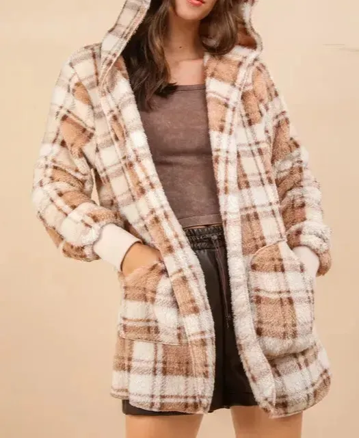 Plush Plaid Hooded Pocketed Casual Jacket