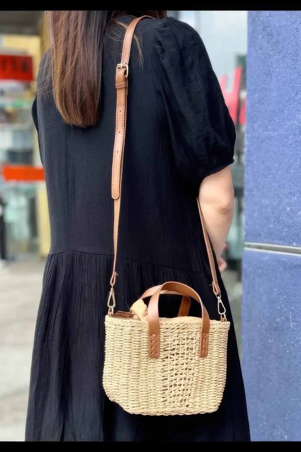 Faux Straw Top Handle Tote Bag