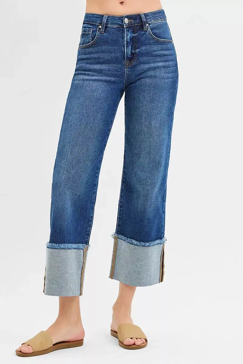 Mid Rise Wide Leg Cuffed Denim Jeans