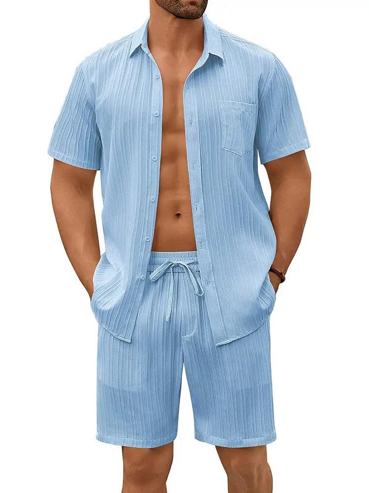 Casual Textured Shirt Shorts Vacation Set