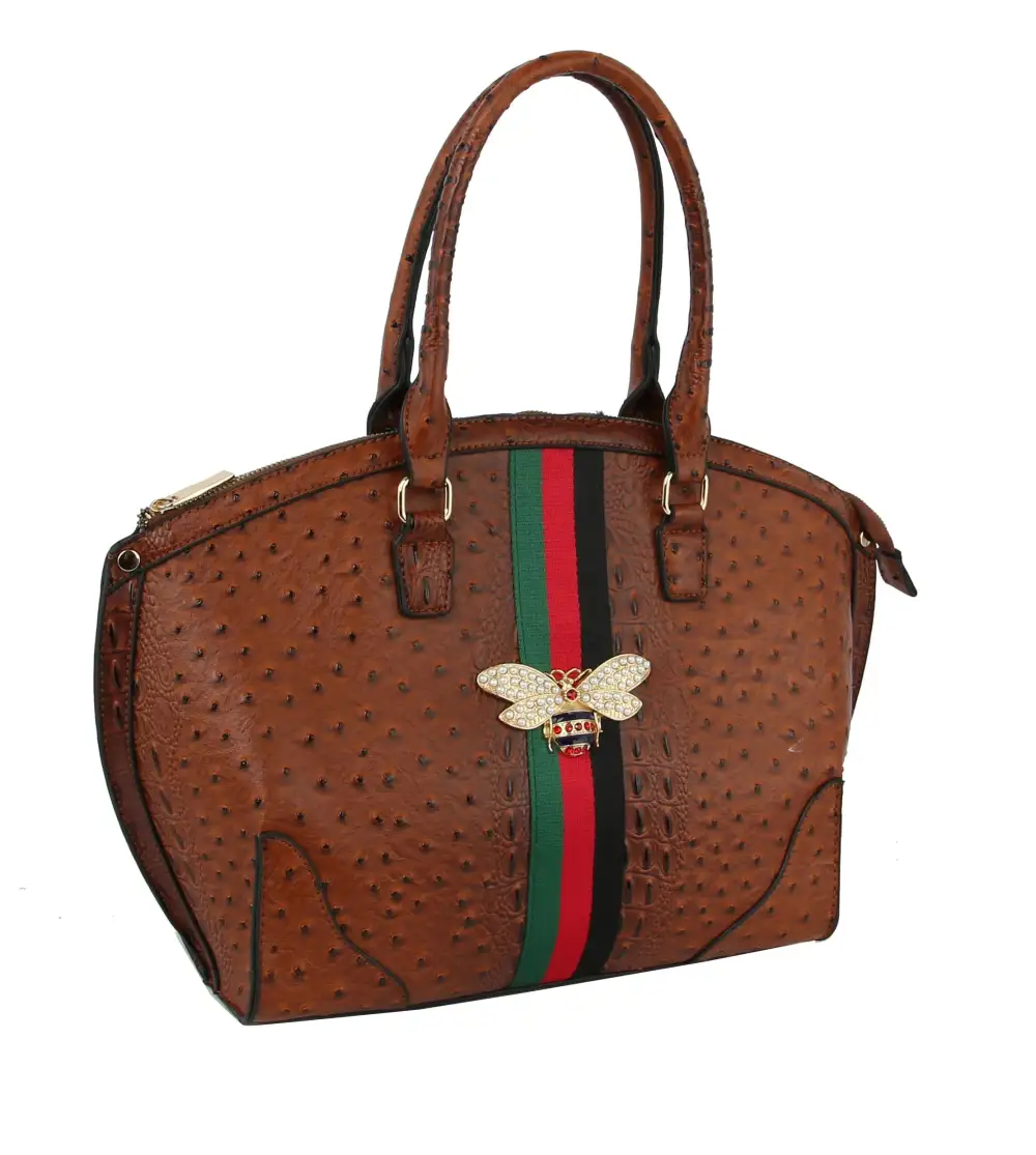Crystal Accent Pocketed Bee Motif Faux Leather Tote Bag