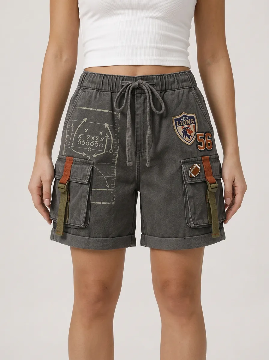 Women's Football Fan City Lions Playbook Printed Cargo Shorts