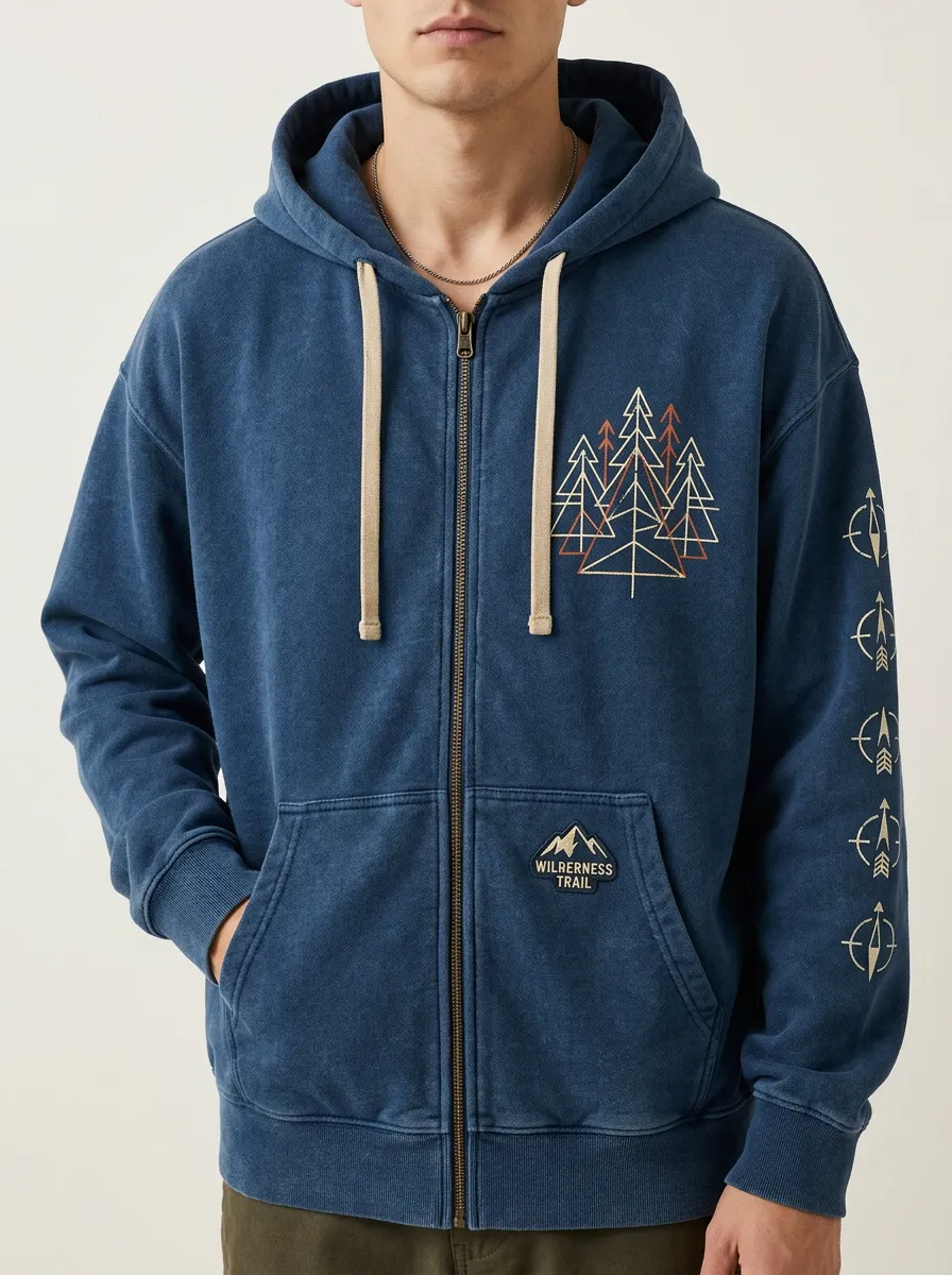 Men's Wilderness Trail Pine Tree Compass Printed Zip Hoodie