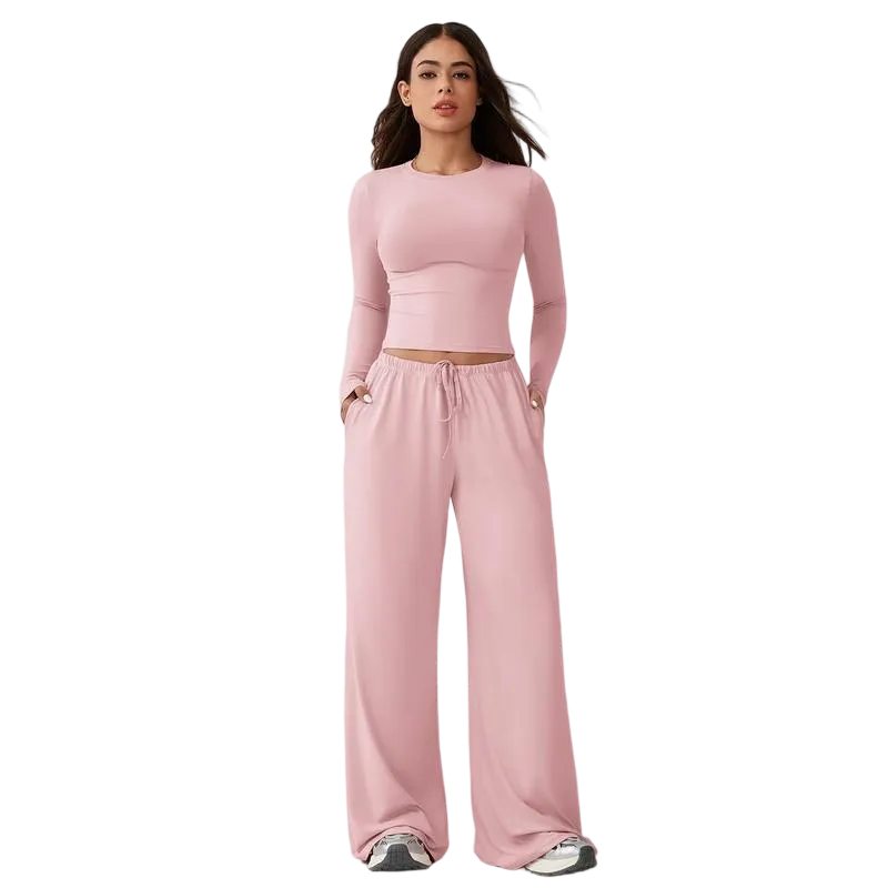 Women's two-piece tracksuit set, long-sleeved crop top and wide-leg pants