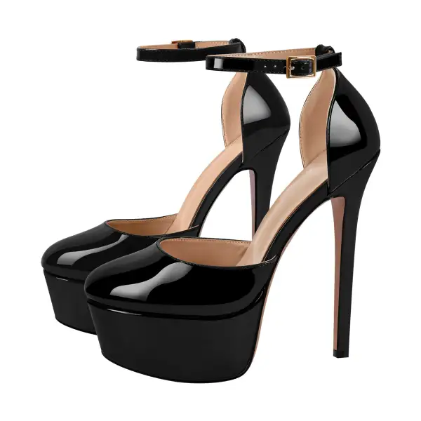 Round Toe Platform Stiletto Ankle Strap Pumps