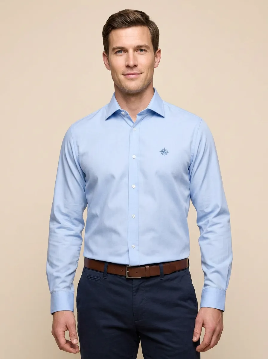 Men's Non-Iron Cotton Compass Logo Embroidered Button-Down Shirt