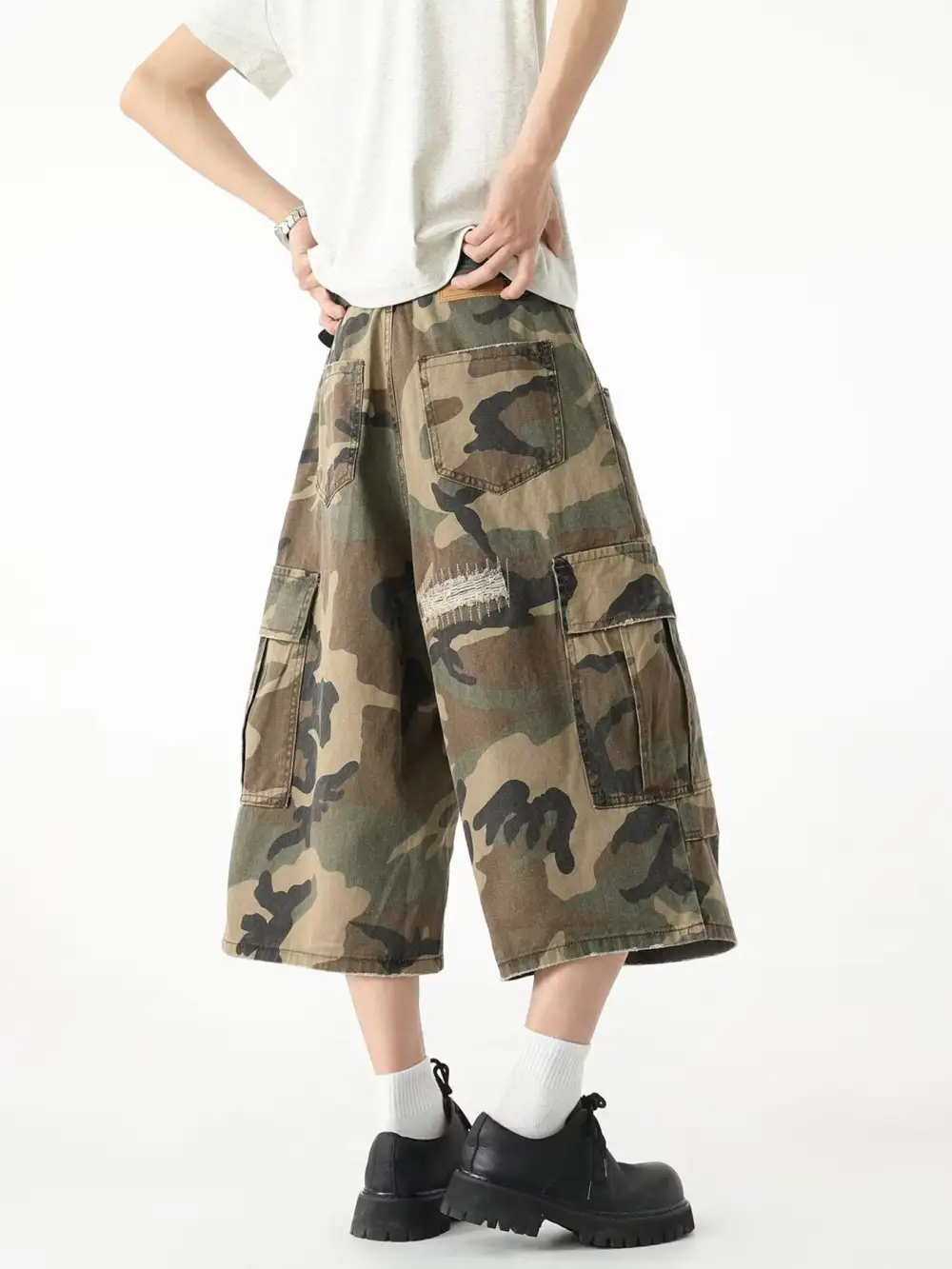 Men's Full Size Distressed Camouflage Denim Shorts Plus