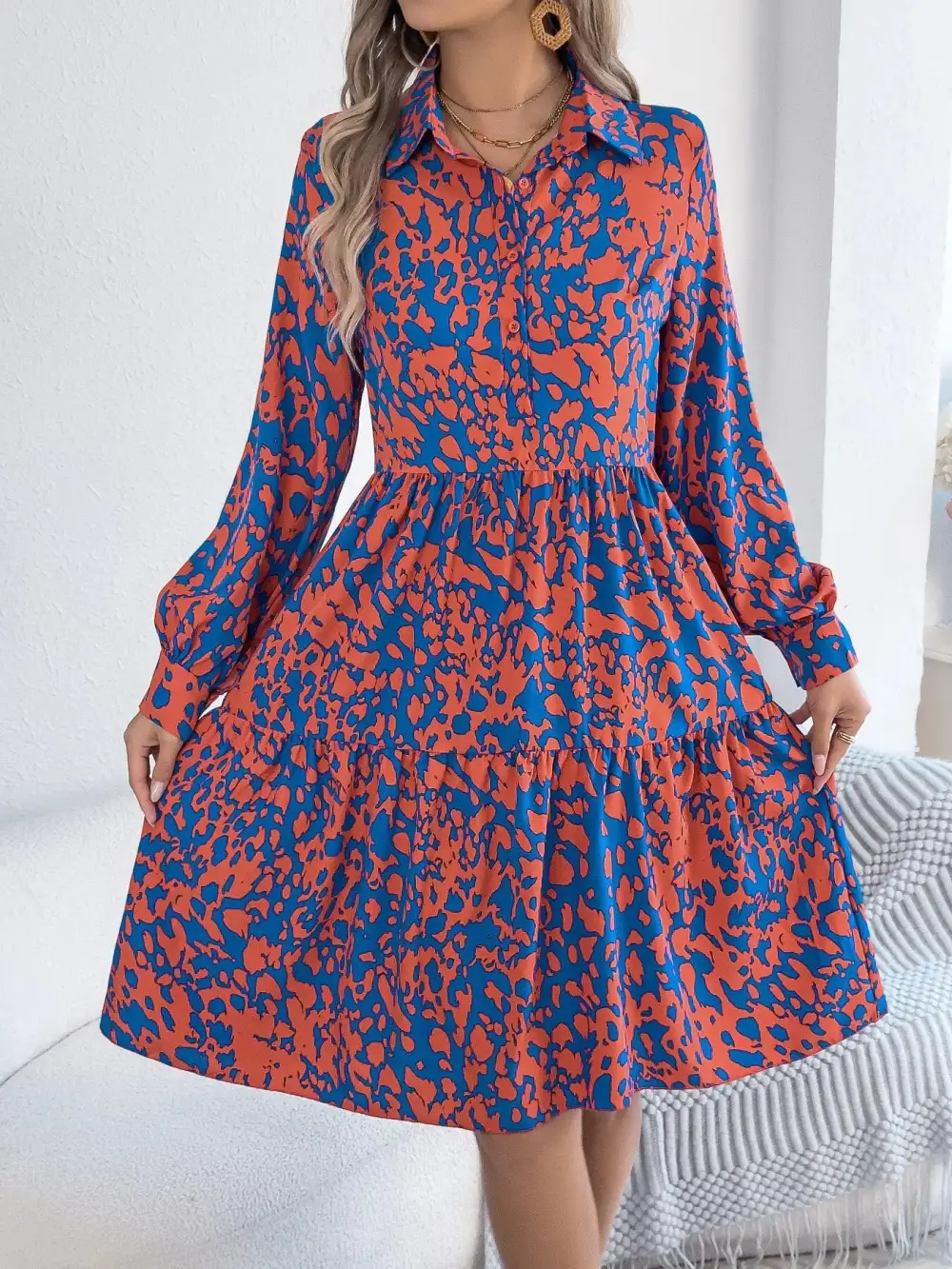 Printed Long Sleeve Collared Dress Casual