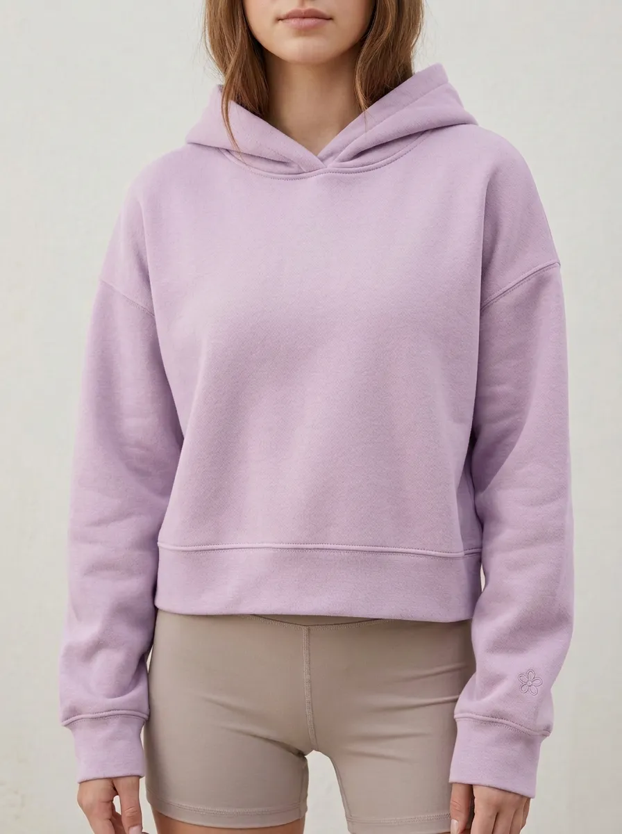 Women's Minimalist Solid Pink Embroidered Flower Hoodie