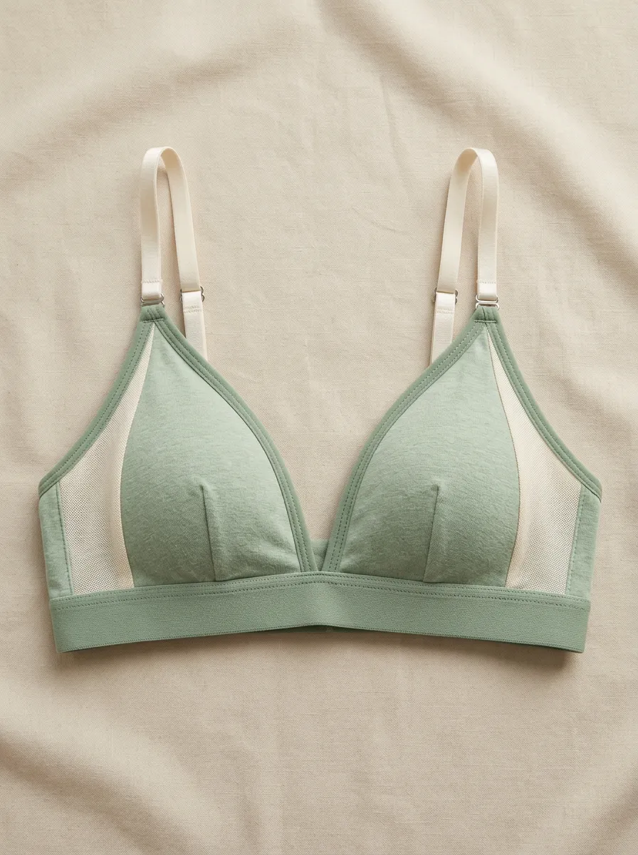 Women's Sage Green Mesh Panel Cotton Bralette