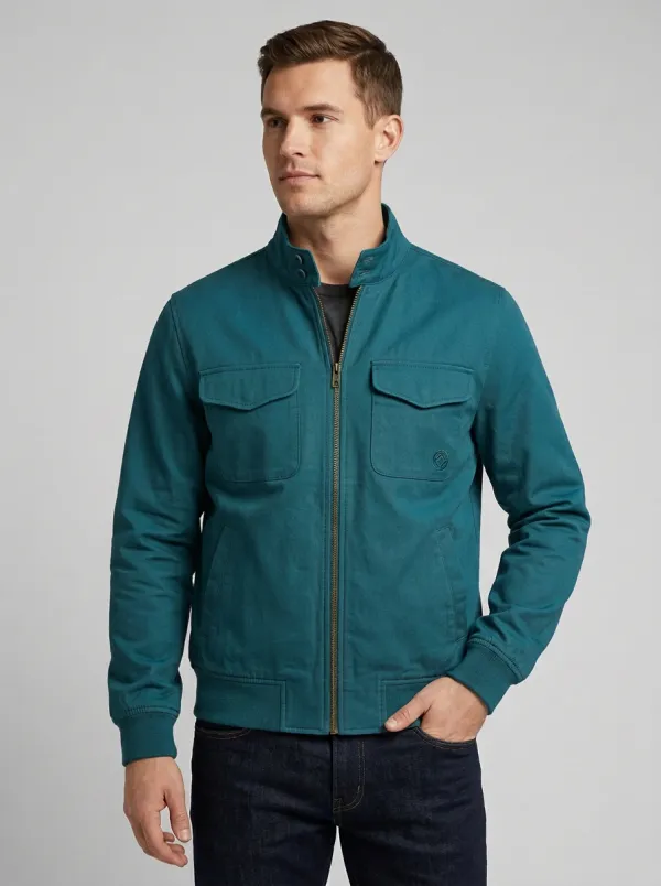 Men's Military Style Olive Green Zip-Up Utility Jacket