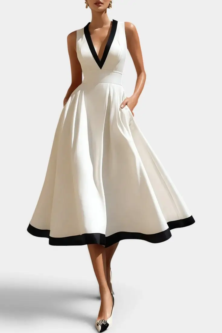 V-Neck Pocket-Detail Midi Dress