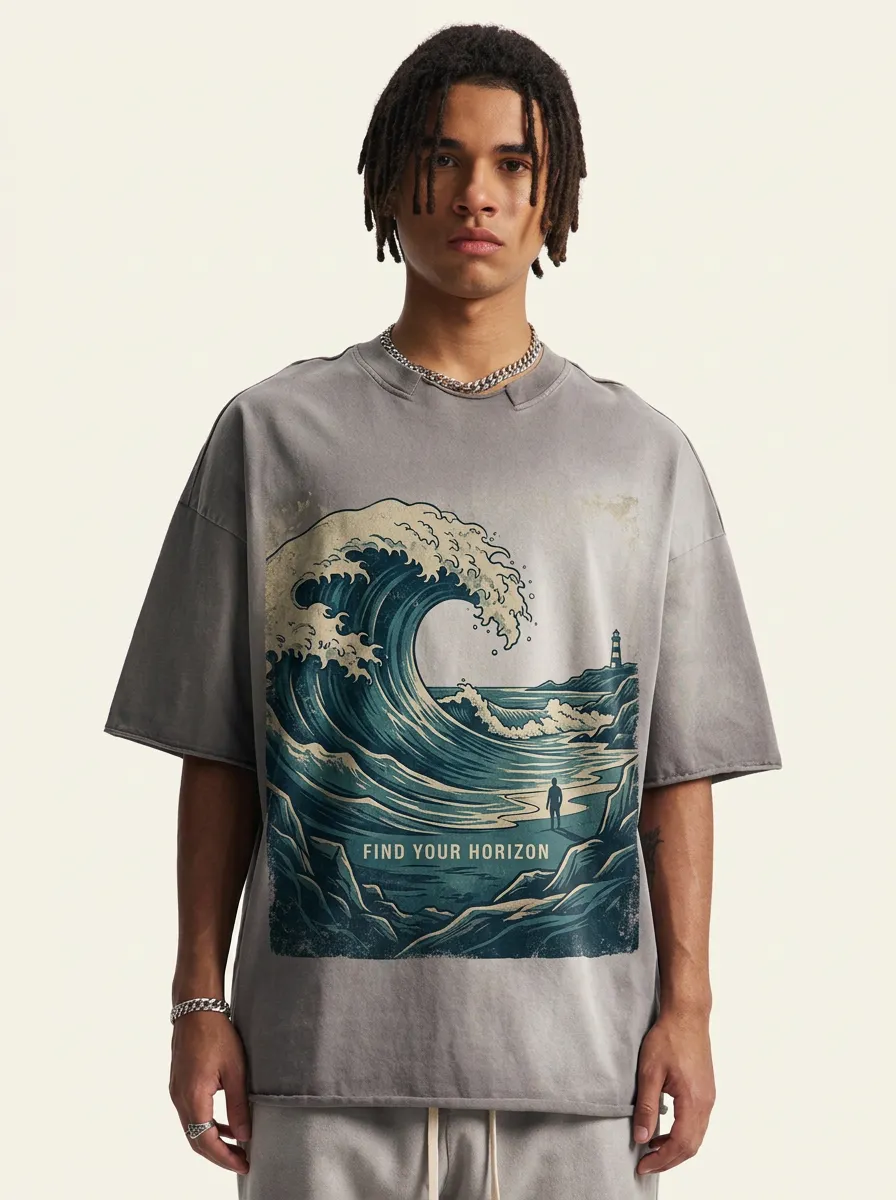 Men's Ocean Lover Great Wave Lighthouse Printed T-shirt