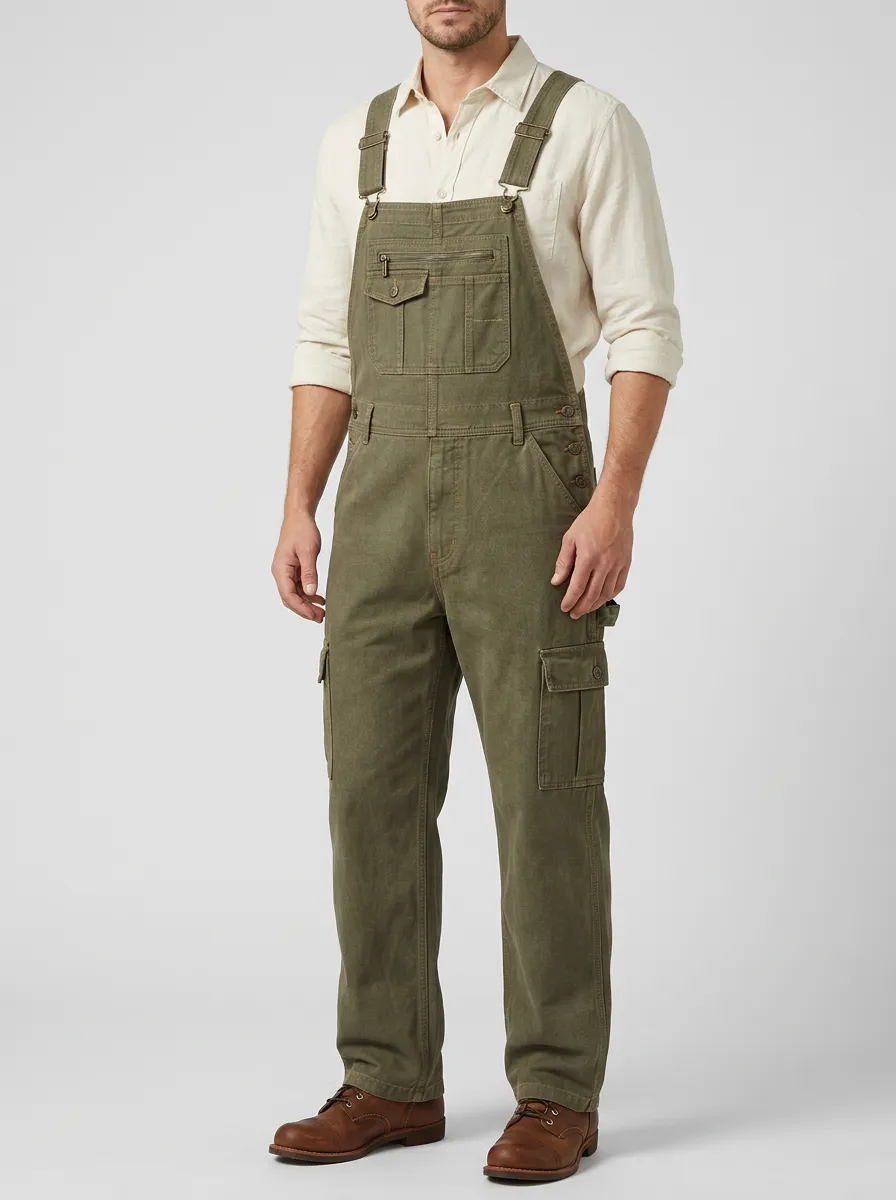Men's Casual Outdoor Olive Green Multi-Pocket Cargo Overalls