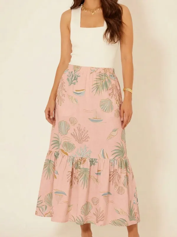 Women's Beach Lover Seashell Coral Sailboat Printed Midi Skirt